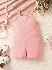 女嬰兔子刺繡翻蓋口袋背帶連體短褲 - 粉色 - 查看 2