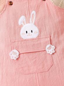 女嬰兔子刺繡翻蓋口袋背帶連體短褲 - 粉色 - 查看 3