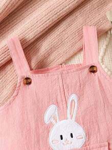 女嬰兔子刺繡翻蓋口袋背帶連體短褲 - 粉色 - 查看 4