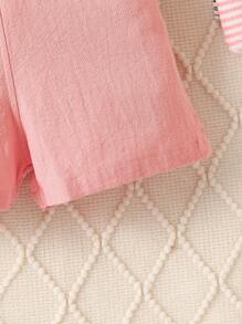 女嬰兔子刺繡翻蓋口袋背帶連體短褲 - 粉色 - 查看 6