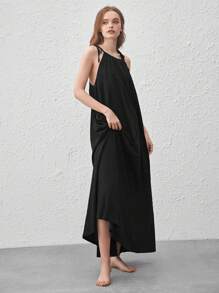天然舒適又輕盈的棉質鬆身拖地裙 - 黑色 - 黑色 - 查看 8