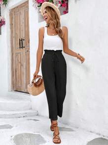 SHEIN Frenchy Paperbag Waist Knot Front Trousers - Black - View 1