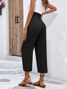 SHEIN Frenchy Paperbag Waist Knot Front Trousers - Black - View 2