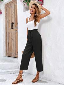 SHEIN Frenchy Paperbag Waist Knot Front Trousers - Black - View 4