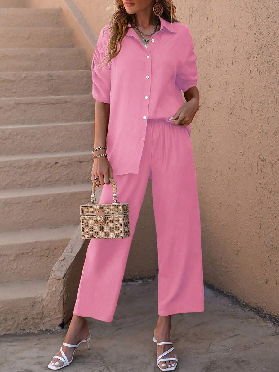 SHEIN LUNE Solid Button Front Shirt & Wide Leg Trousers - Pink - View 1