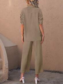 SHEIN LUNE Solid Button Front Shirt & Wide Leg Pants - Khaki - View 2