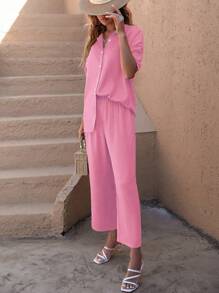 SHEIN LUNE Solid Button Front Shirt & Wide Leg Trousers - Pink - View 3