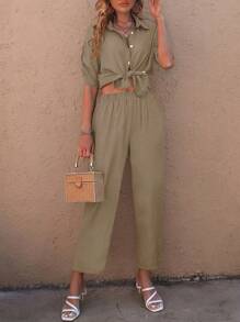 SHEIN LUNE Solid Button Front Shirt & Wide Leg Pants - Khaki - View 3
