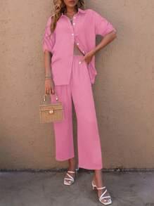 SHEIN LUNE Solid Button Front Shirt & Wide Leg Trousers - Pink - View 4
