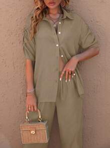 SHEIN LUNE Solid Button Front Shirt & Wide Leg Pants - Khaki - View 5