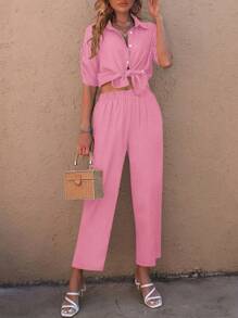 SHEIN LUNE Solid Button Front Shirt & Wide Leg Trousers - Pink - View 6