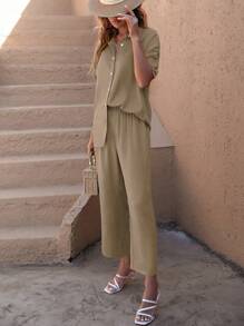 SHEIN LUNE Solid Button Front Shirt & Wide Leg Pants - Khaki - View 6