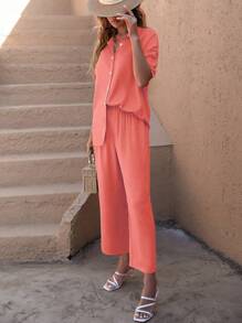 SHEIN LUNE Áo Sơ Mi Trơn Phối Nút & Quần Ống Rộng - Màu Cam san hô - Xem 3