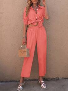 SHEIN LUNE Áo Sơ Mi Trơn Phối Nút & Quần Ống Rộng - Màu Cam san hô - Xem 4