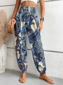 SHEIN VCAY In hoa Paisley Eo đàn hồi Quần - Màu xanh lam - Xem 1