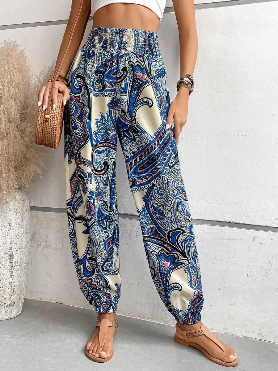 SHEIN VCAY In hoa Paisley Eo đàn hồi Quần - Màu xanh lam - Xem 1
