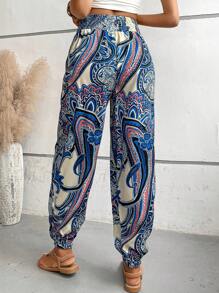 SHEIN VCAY In hoa Paisley Eo đàn hồi Quần - Màu xanh lam - Xem 2