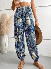 SHEIN VCAY In hoa Paisley Eo đàn hồi Quần - Màu xanh lam - Xem 3