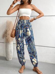 SHEIN VCAY In hoa Paisley Eo đàn hồi Quần - Màu xanh lam - Xem 4