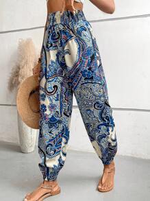 SHEIN VCAY In hoa Paisley Eo đàn hồi Quần - Màu xanh lam - Xem 5