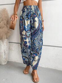 SHEIN VCAY In hoa Paisley Eo đàn hồi Quần - Màu xanh lam - Xem 6