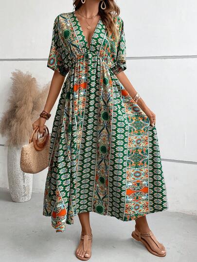 Breezaya Allover Print Batwing Sleeve Dress Maxi Vacation Beach Outfits Women
