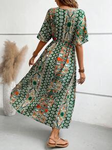 Breezaya 全身印花蝙蝠袖连衣裙 超长度假海滩装 女款 - 綠色 - 查看 2