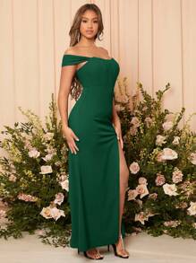 SHEIN Belle Off Shoulder Split Thigh Formal Bridesmaid Dress Elegant Dress - Dark Green - View 7