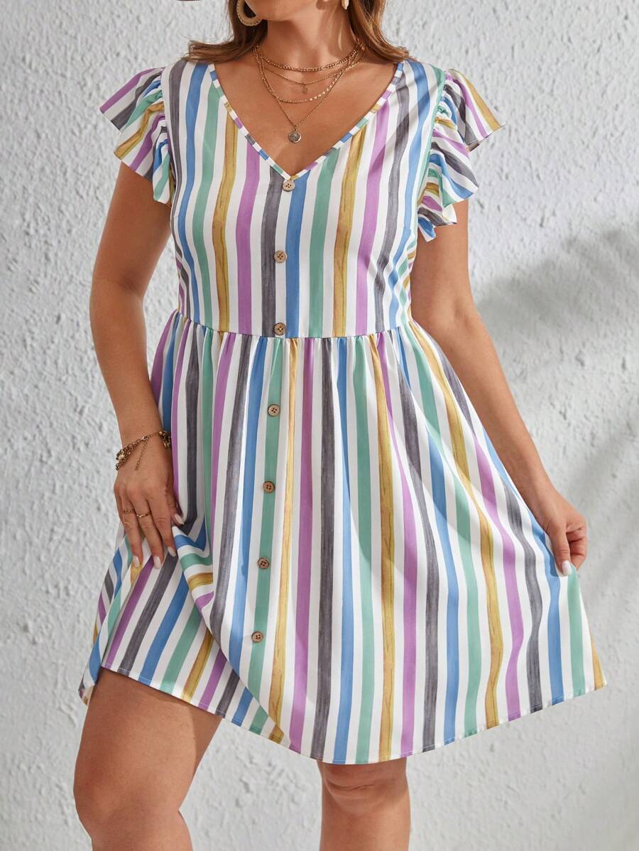 SHEIN LUNE 大碼條紋印花蝴蝶袖前紐扣洋裝 - 彩色 - 查看 1