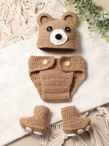 男嬰卡通圖案針織短褲和帽拍攝套裝