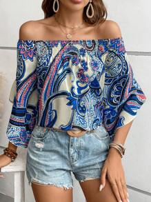 SHEIN VCAY In hoa Paisley Off Shoulder Tay áo kèn  Áo sơ mi - Màu xanh lam - Xem 1