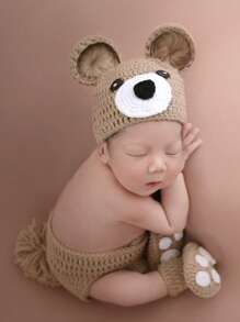 男嬰卡通圖案針織短褲和帽拍攝套裝