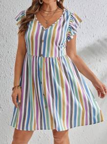 SHEIN LUNE 大碼條紋印花蝴蝶袖前紐扣洋裝 - 彩色 - 查看 4