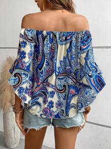 SHEIN VCAY In hoa Paisley Off Shoulder Tay áo kèn  Áo sơ mi - Màu xanh lam - Xem 2