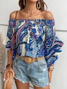 SHEIN VCAY In hoa Paisley Off Shoulder Tay áo kèn  Áo sơ mi - Màu xanh lam - Xem 3