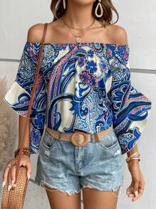 SHEIN VCAY In hoa Paisley Off Shoulder Tay áo kèn  Áo sơ mi - Màu xanh lam - Xem 4