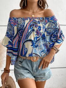 SHEIN VCAY In hoa Paisley Off Shoulder Tay áo kèn  Áo sơ mi - Màu xanh lam - Xem 5