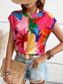 SHEIN LUNE 印花蝙蝠袖缺口領襯衫 - 彩色 - 查看 1