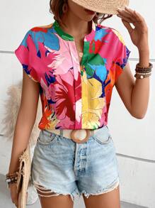 SHEIN LUNE 印花蝙蝠袖缺口領襯衫 - 彩色 - 查看 4