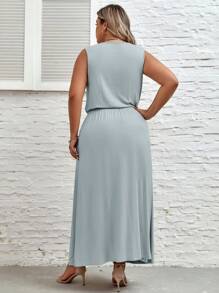 SHEIN LUNE Plus Solid Split Thigh Dress - Mint Blue - View 2