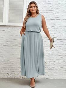 SHEIN LUNE Plus Solid Split Thigh Dress - Mint Blue - View 3