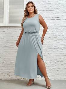 SHEIN LUNE Plus Solid Split Thigh Dress - Mint Blue - View 4