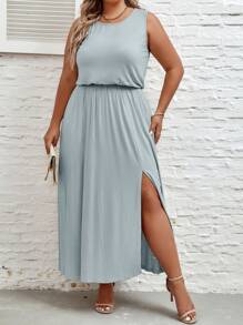 SHEIN LUNE Plus Solid Split Thigh Dress - Mint Blue - View 5