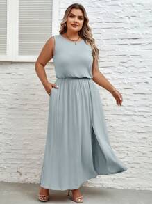 SHEIN LUNE Plus Solid Split Thigh Dress - Mint Blue - View 6