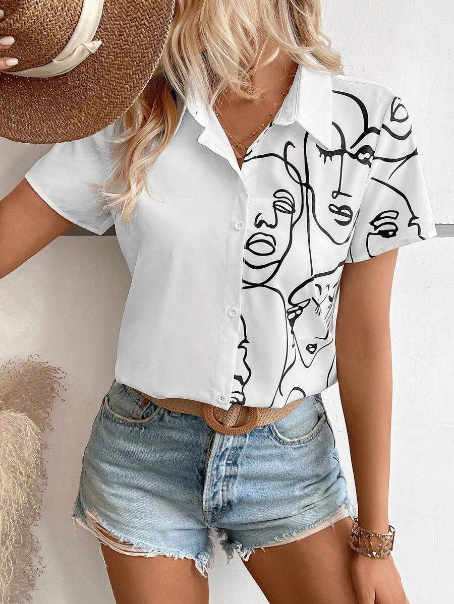 SHEIN LUNE 人像圖案前紐扣襯衫 - 白色 - 查看 1