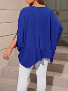 SHEIN LUNE Plus Solid Batwing Sleeve V Neck Blouse - Royal Blue - View 2
