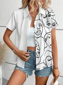 SHEIN LUNE 人像圖案前紐扣襯衫 - 白色 - 查看 6