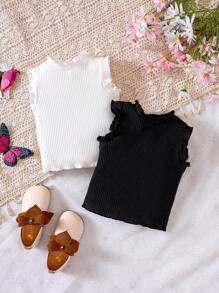 Baby Girl 2pcs Lettuce Trim Ribbed Knit Mock Neck Tank Top - Black and White - View 1