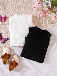 Baby Girl 2pcs Lettuce Trim Ribbed Knit Mock Neck Tank Top - Black and White - View 2