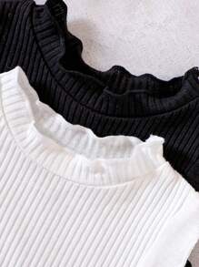 Baby Girl 2pcs Lettuce Trim Ribbed Knit Mock Neck Tank Top - Black and White - View 3